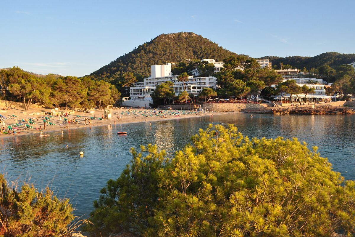 Pine-covered cliffs plunging into a small turquoise cove with a yellow kayak on the shore, north coast of Ibiza