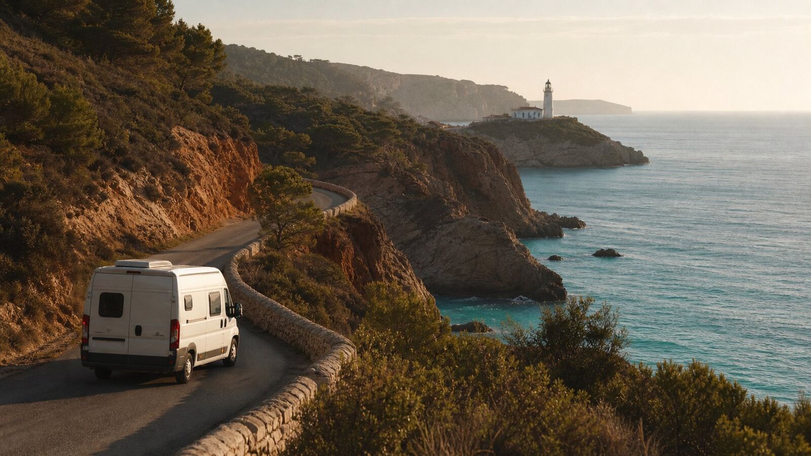 A white campervan driving a winding coastal road above red-earth cliffs on Ibiza's west coast at golden hour