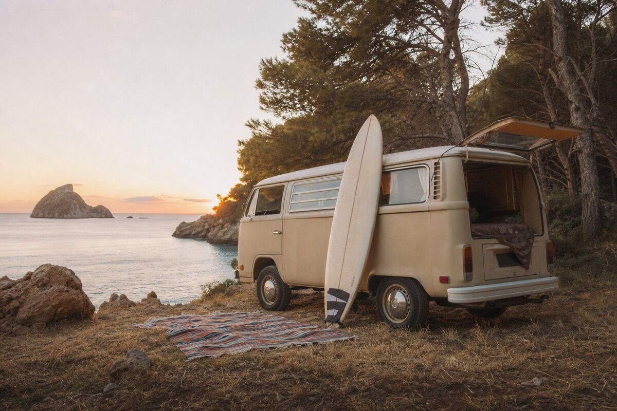 A vintage beige camper van parked at the edge of a small Ibiza cove with its door open toward the turquoise sea at sunset