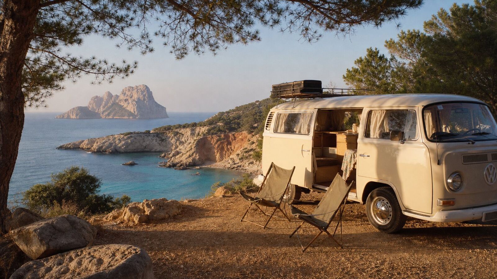 Campervan parked on a clifftop above a turquoise cove at golden hour on Ibiza, with pine trees and the sea stretching to the horizon