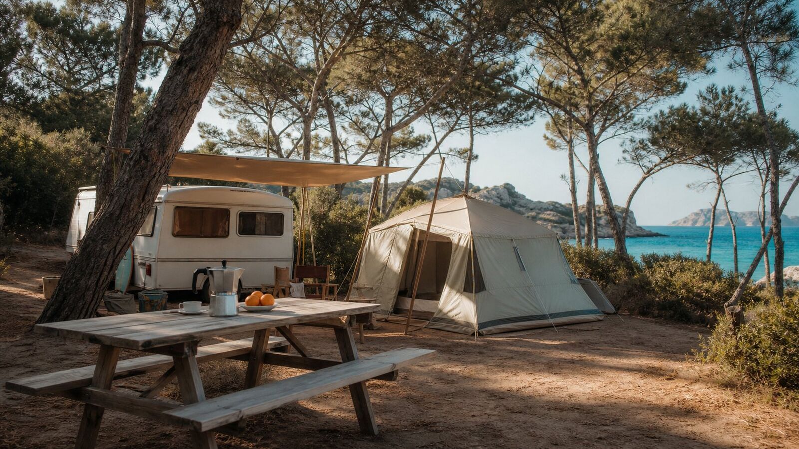 A peaceful Ibiza campsite at morning light with a tent, caravan, picnic table and coffee under the pines