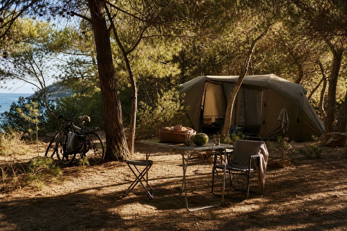 Shaded campsite pitch in an Ibiza pine forest with a family tent, picnic table and bicycles, shafts of golden light through the trees
