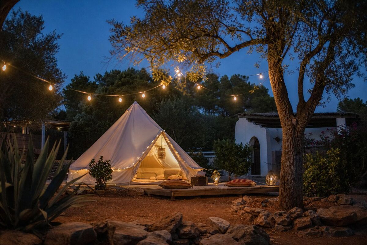 White bell tent glowing with fairy lights at dusk in a rustic Ibiza finca garden with olive trees and a wooden deck