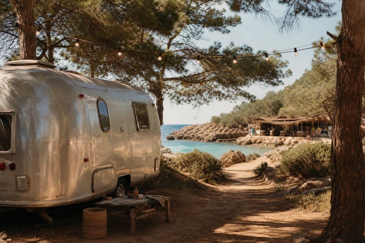 Retro silver Airstream caravan between pine trees at a beachside campsite, with string lights and a sandy path to the sea