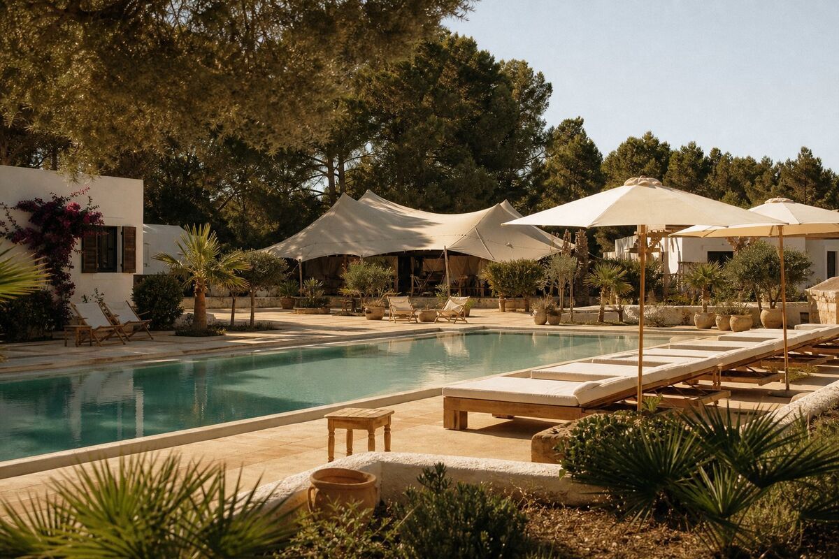 Glamping resort with a long turquoise pool, white sun loungers, canvas safari tents and bougainvillea in warm evening light